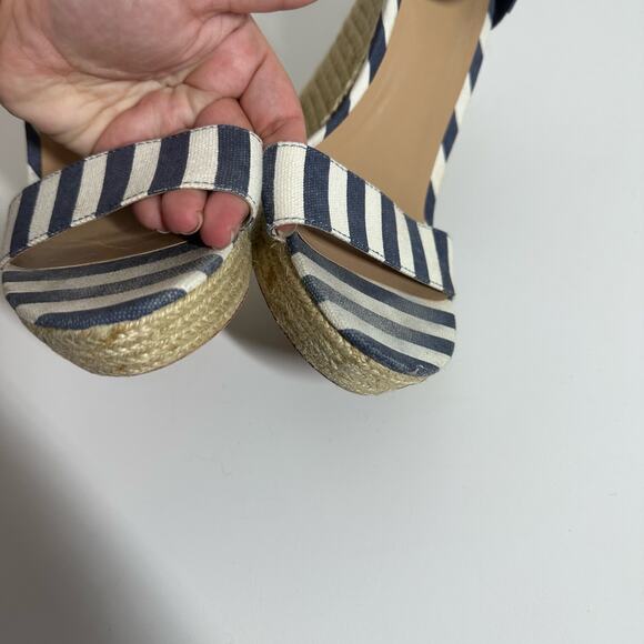 Express Women's Striped Wedge Heels Size 10 Navy White Open Toe Summer Vacation - Picture 9 of 11